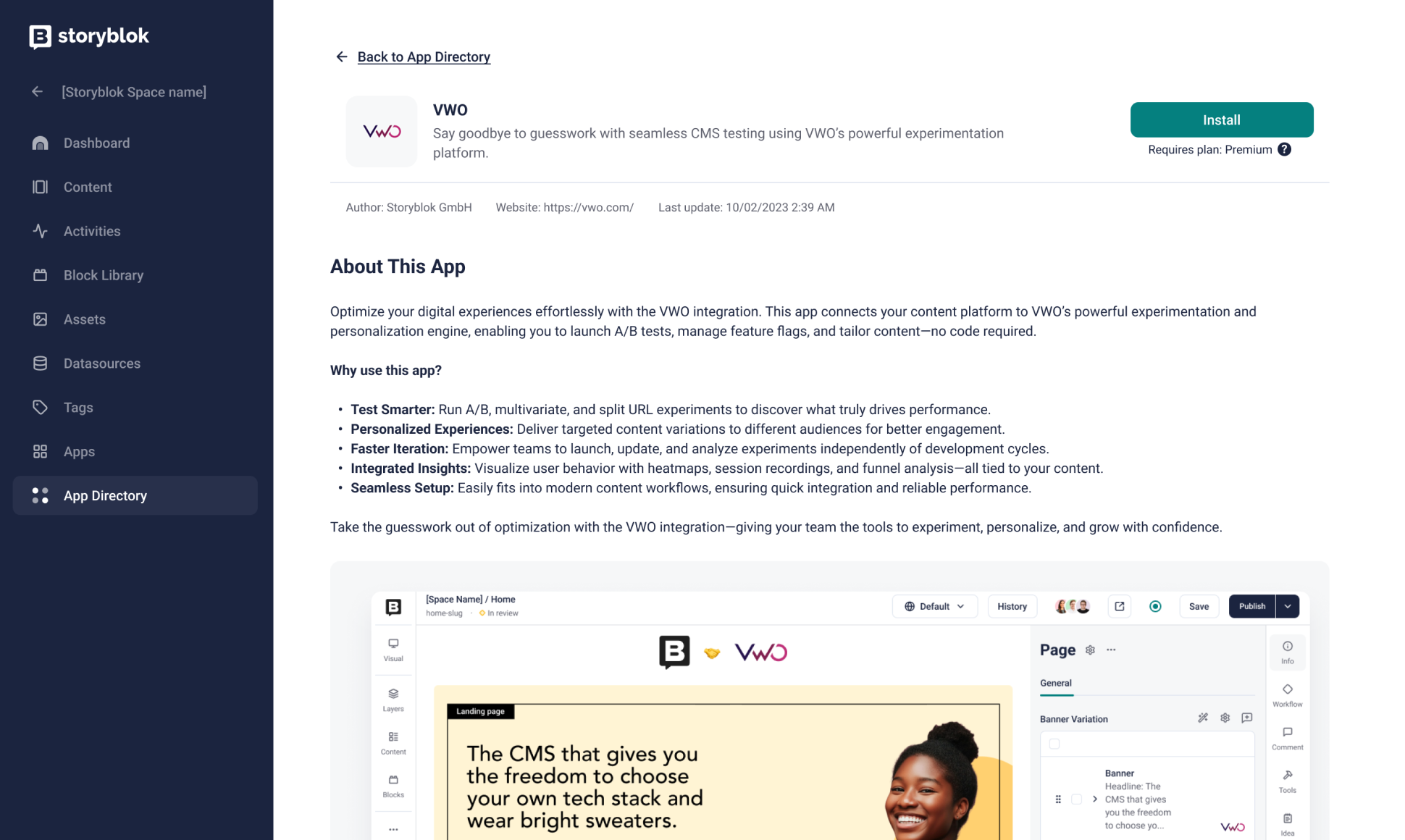 screenshot of the VWO app in the Storyblok menu