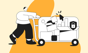 Illustration of a person pushing a cart filled with boxes, a padlock, and a cursor icon, set against an orange and beige background.