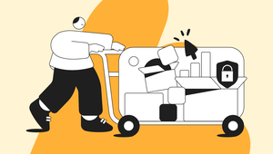Illustration of a person pushing a cart filled with boxes, a padlock, and a cursor icon, set against an orange and beige background.