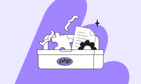 Illustration of a toolbox with PHP logo, containing puzzle pieces, papers, and gears against a purple background.