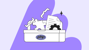 Illustration of a toolbox with PHP logo, containing puzzle pieces, papers, and gears against a purple background.