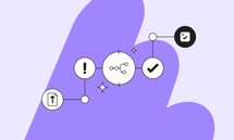 Abstract flowmotion symbol on purple background with icons: upload, exclamation, network, checkmark, and settings.