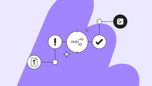 Abstract flowmotion symbol on purple background with icons: upload, exclamation, network, checkmark, and settings.