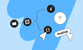 Flowchart with icons representing a sequence: folder, "B," sparkles, brackets, and an arrow leading to a "Publish" button, on a blue background.