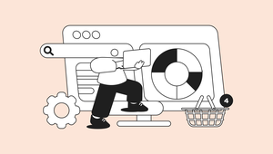 Illustration of a person examining charts on a computer screen with a search bar, gear, and shopping basket with a notification.