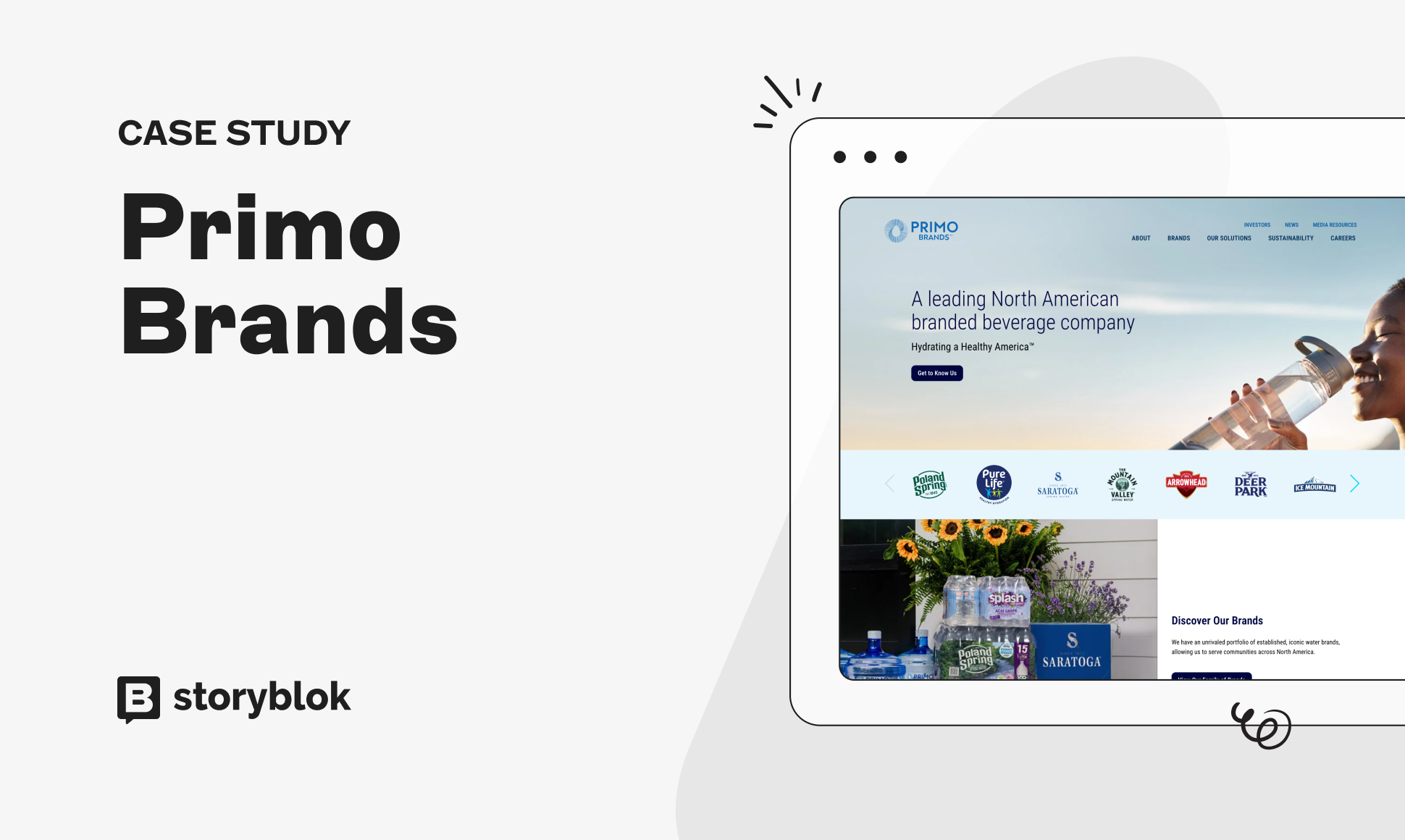 Alt text: "Case study for Primo Brands displayed on a tablet screen, featuring their website and logos of various beverage brands."