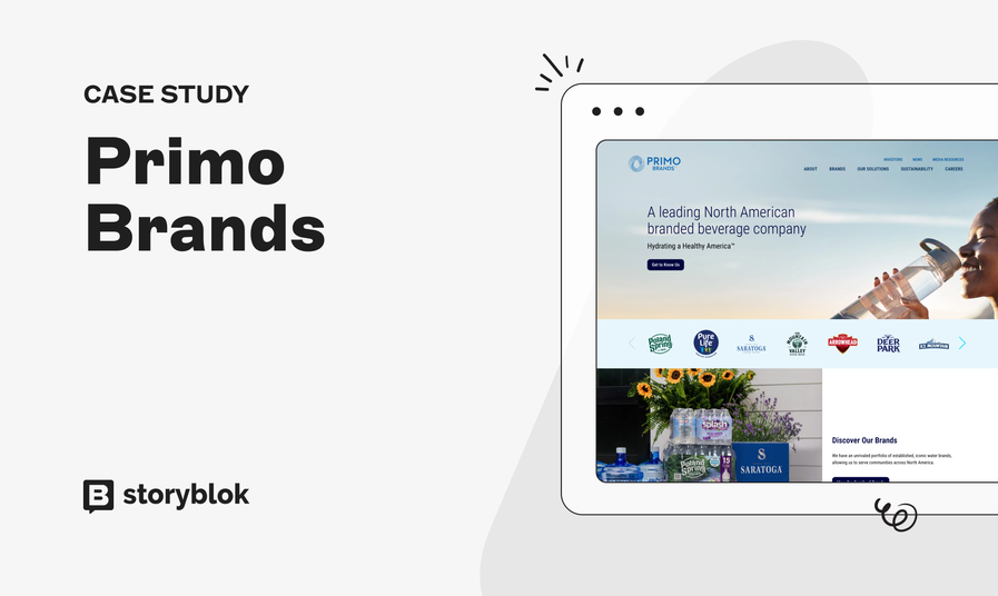 Alt text: "Case study for Primo Brands displayed on a tablet screen, featuring their website and logos of various beverage brands."