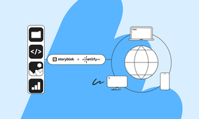 Diagram showing Storyblok and Netlify integration, with icons for code, images, and analytics on the left, and devices connected to a globe on the right.