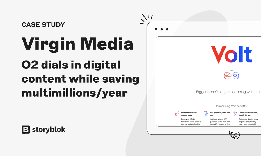 Graphic featuring a case study on Virgin Media and O2, highlighting digital content savings. Includes logos and a tablet displaying a webpage.