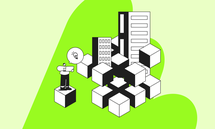 Illustration of a person on a cube holding a laptop, surrounded by interconnected cubes and buildings on a green background.