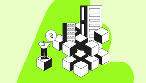 Illustration of a person on a cube holding a laptop, surrounded by interconnected cubes and buildings on a green background.