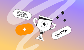 A trophy with a star, surrounded by abstract shapes and logos, on a gradient purple to orange background with sparkles.