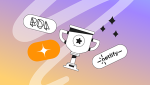 A trophy with a star, surrounded by abstract shapes and logos, on a gradient purple to orange background with sparkles.