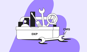 Illustration of a toolbox labeled "DXP" with tools, including a wrench labeled "CMS," on a purple background.