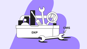 Illustration of a toolbox labeled "DXP" with tools, including a wrench labeled "CMS," on a purple background.