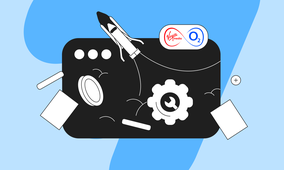 Illustration of a rocket, gears, and Virgin Media O2 logos on a black background with abstract blue shapes.