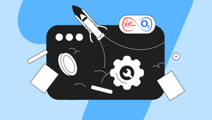 Illustration of a rocket, gears, and Virgin Media O2 logos on a black background with abstract blue shapes.