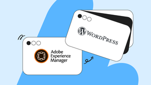 Illustration of Adobe Experience Manager and WordPress logos on browser windows with abstract blue shapes in the background.