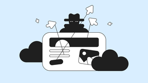 Illustration of a mysterious figure in a hat behind a webpage with multiple cursors and clouds, suggesting online anonymity or hacking.
