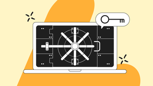 Laptop screen displaying a vault door with a key icon above, symbolizing digital security. Background features orange and yellow shapes.