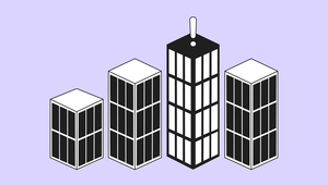 Illustration of four skyscrapers, with the tallest featuring an exclamation mark on top. The background is a light purple shade.