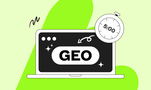 Illustration of a laptop with "GEO" on the screen, a stopwatch showing 5:00, and abstract green shapes in the background.