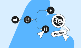 Flowmotion chat with five icons: folder, chat, code, magnifying glass, and publish button, connected by lines. Blue abstract background.