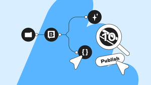 Flowmotion chat with five icons: folder, chat, code, magnifying glass, and publish button, connected by lines. Blue abstract background.