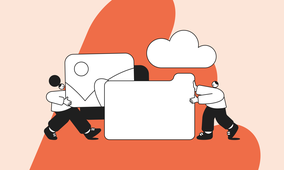 Illustration of two people moving a large file folder and image icon, with a cloud symbol, on an abstract orange and beige background.