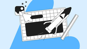 Illustration of a rocket on a grid paper with a ruler, arrow cursor, and image icon, set against a blue abstract background.