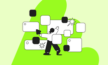 Illustration of a person interacting with floating squares and tags on a vibrant green background, symbolizing digital interface interaction.