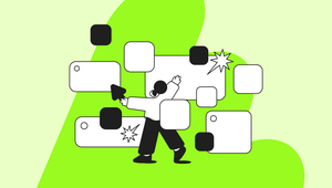 Illustration of a person interacting with floating squares and tags on a vibrant green background, symbolizing digital interface interaction.