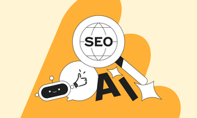 Illustration of a magnifying glass with "SEO" over a globe, a smiling robot, a thumbs-up speech bubble, and the letters "AI" on an orange background.