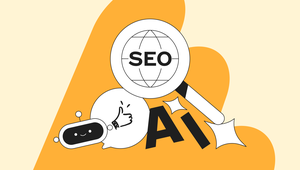 Illustration of a magnifying glass with "SEO" over a globe, a smiling robot, a thumbs-up speech bubble, and the letters "AI" on an orange background.