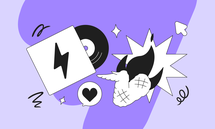 Abstract illustration with a lightning bolt, vinyl record, heart, winged heart, and various shapes on a purple background.