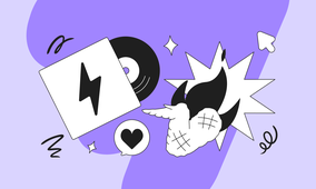 Abstract illustration with a lightning bolt, vinyl record, heart, winged heart, and various shapes on a purple background.