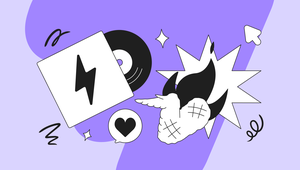 Abstract illustration with a lightning bolt, vinyl record, heart, winged heart, and various shapes on a purple background.