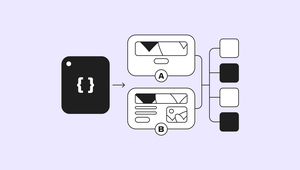 Diagram showing a code block leading to two interfaces, A and B, connected to decision paths with squares.