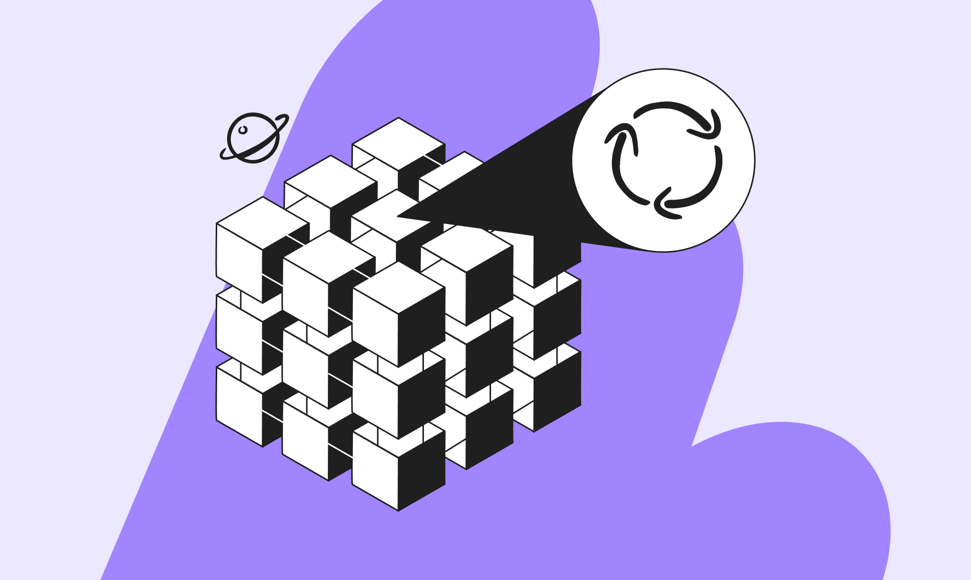 A 3D cube structure with a recycling symbol magnified and a small planet icon, set against a purple abstract background.