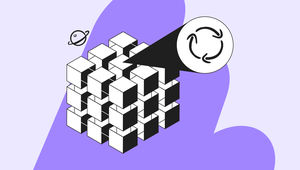 A 3D cube structure with a recycling symbol magnified and a small planet icon, set against a purple abstract background.