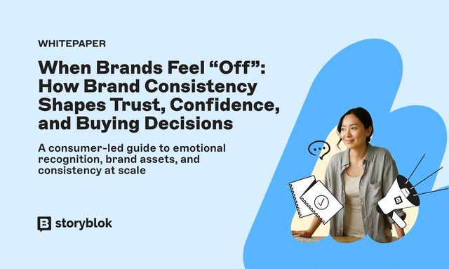 Whitepaper cover with text about brand consistency and a smiling person holding brand-related items. Storyblok logo at the bottom.