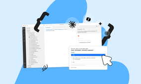 Collage of code editor, chat interface, and pop-up prompt on blue background, with icons and arrow pointing to "Yes" option.