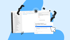 Collage of code editor, chat interface, and pop-up prompt on blue background, with icons and arrow pointing to "Yes" option.