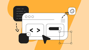 Illustration of a web browser window with coding symbols, arrows, and icons on an orange background.