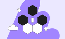 Abstract design with black and white hexagons, a purple background, and cloud and plus symbols. An arrow points downward in the center.