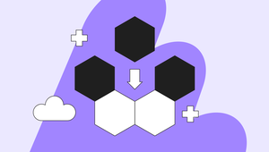Abstract design with black and white hexagons, a purple background, and cloud and plus symbols. An arrow points downward in the center.