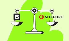 Illustration of a balanced scale comparing Storyblok and Sitecore, with the Storyblok ‘B’ icon on the left pan and the Sitecore logo and name on the right, set against a bright green abstract background.
