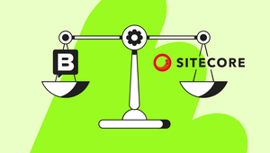 Illustration of a balanced scale comparing Storyblok and Sitecore, with the Storyblok ‘B’ icon on the left pan and the Sitecore logo and name on the right, set against a bright green abstract background.