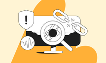 Illustration of a monitor with a magnifying glass, shield, broken chain, and heartbeat icon, symbolizing cybersecurity analysis.