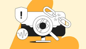 Illustration of a monitor with a magnifying glass, shield, broken chain, and heartbeat icon, symbolizing cybersecurity analysis.